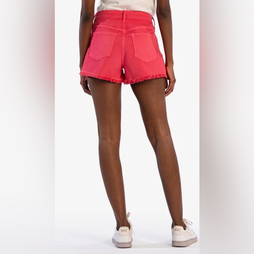 Kut from the Kloth Jane high rise watermelon red Frayed Hem Denim Shorts sz 4 - Picture 2 of 8
